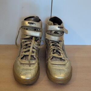 Puma, Sky, Leather, Metallic Gold Sneakers, High Tops, Size 9.5